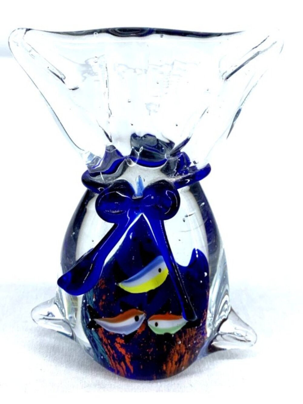 Murano Art Glass Aquarium Paperweight 3 Fish Bag Cobalt Ribbon 4.5"